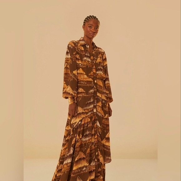 FARM Rio Dresses & Skirts - Farm Rio Malocas Long Sleeve Midi Dress Malocas Beige Medium NWT